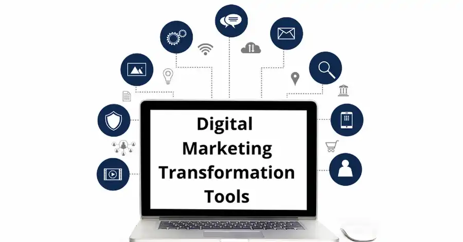 Digital Marketing Transformation Tools described with single words on a screen of a computer