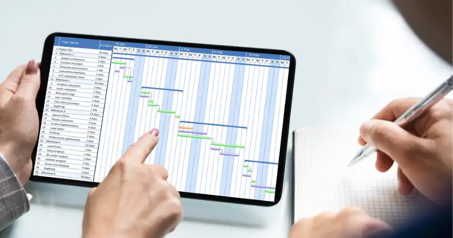 Project Phase in Digital Transformation for Corporate clients. Shown on a tablet with a GANTT chart written in excel