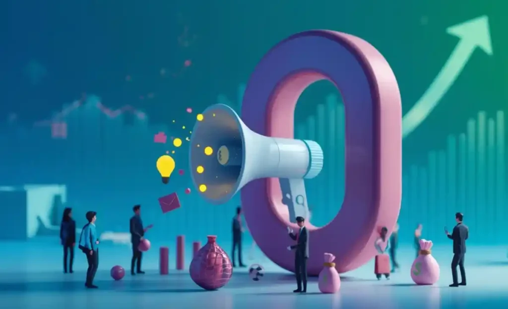 Persone intorno a un megafono gigante che attira i clienti per le imprese